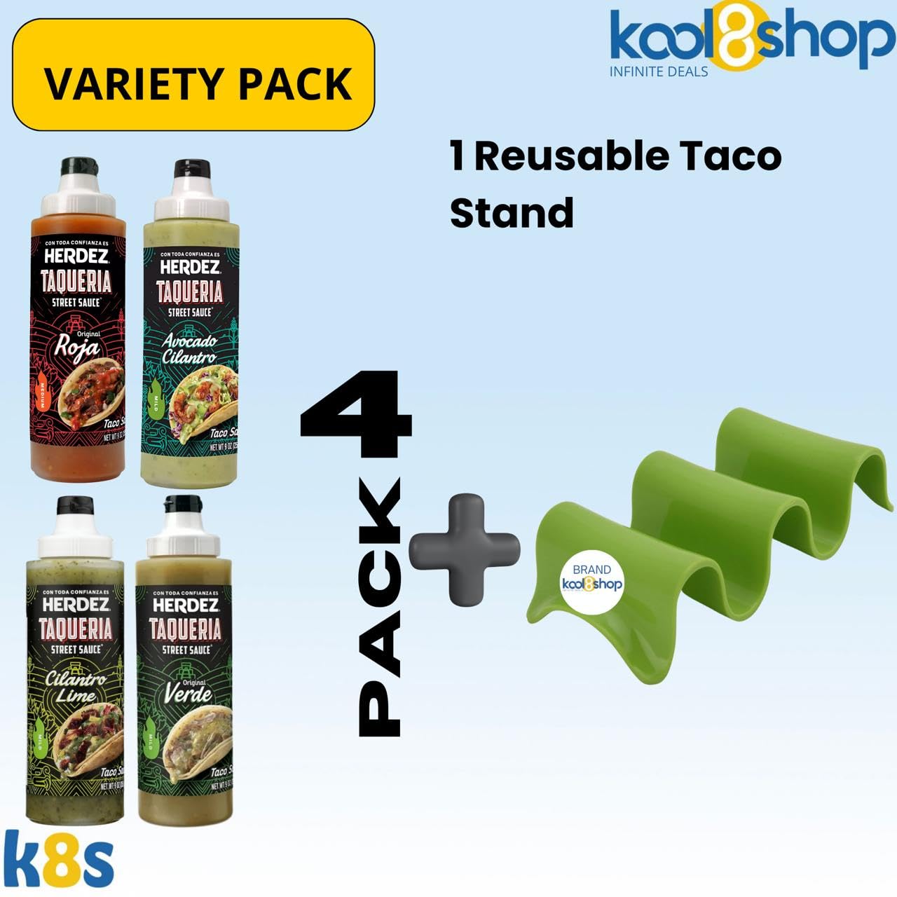 Herdez Taqueria Street Variety Pack Sauce 9 oz Plastic Bottle 4 Pack + 1 Taco Stand by KOOL8SHOP Infinite Deals