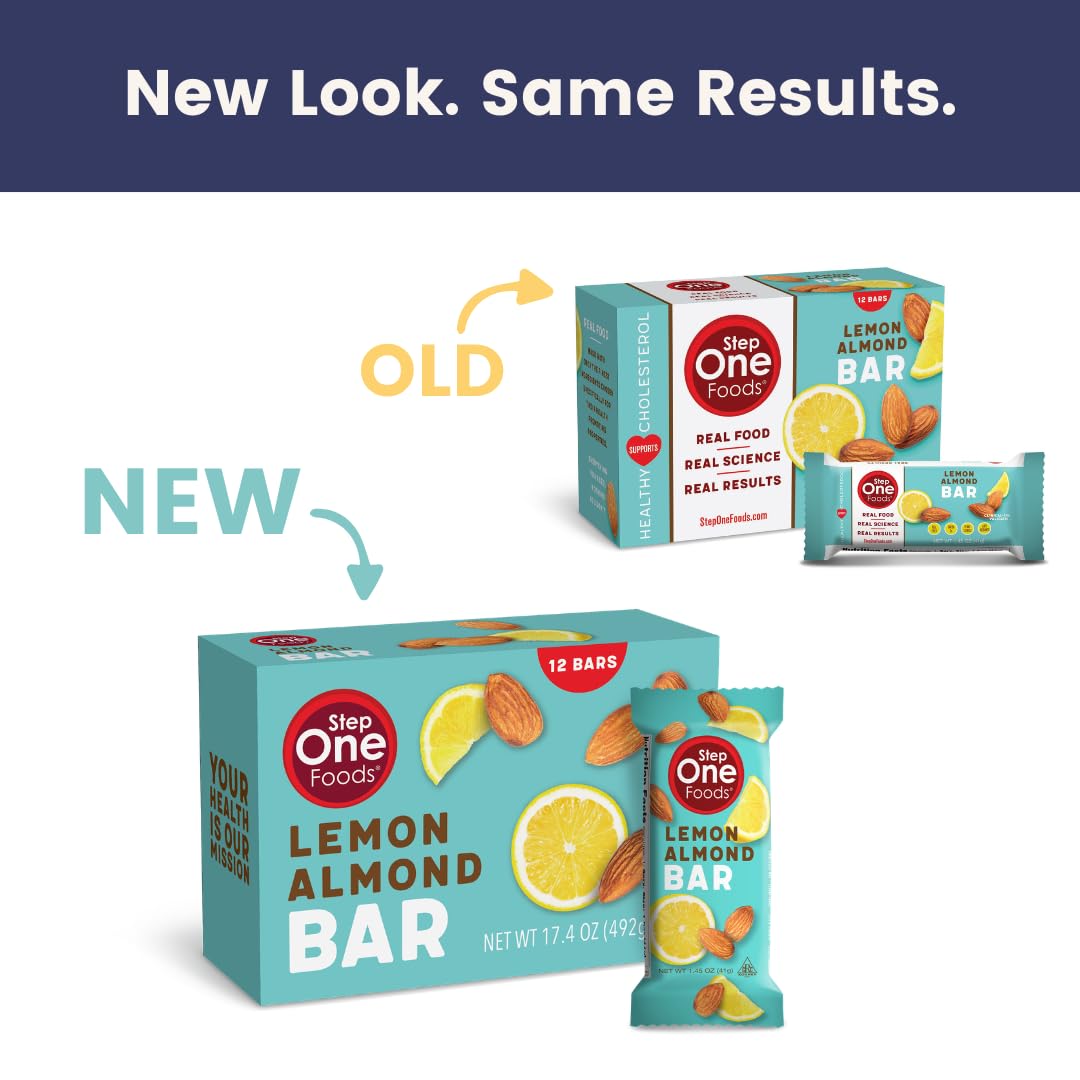 Step One Foods Lemon Almond Bar, Heart Healthy Snack Plant Sterols, Omega 3's High Fiber Snack Gluten & Dairy Free, Vegan, Zero Sodium, Granola Bars