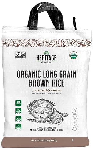 Heritage Gardens Organic Long Grain Brown Rice 32 oz (2 lb) - Whole Grain, Non-GMO, Gluten Free, Low-Arsenic, High Fiber - Himalayan Grown Everyday Brown Rice