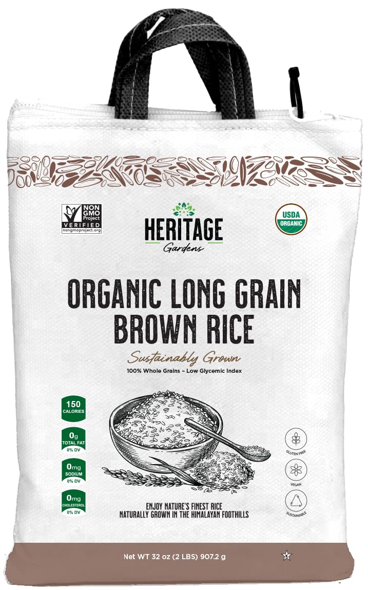Heritage Gardens Organic Long Grain Brown Rice 80 oz (5 lb) - Whole Grain, Non-GMO, Gluten Free, Low-Arsenic, High Fiber - Himalayan Grown Everyday Brown Rice