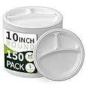 Lxins ECO 10 Inch 3 Compartment Paper Plates ?White 150 Pack?, Compostable Divided Plates, 100% Sugarcane Bagasse, Heavy Duty Disposable Plates