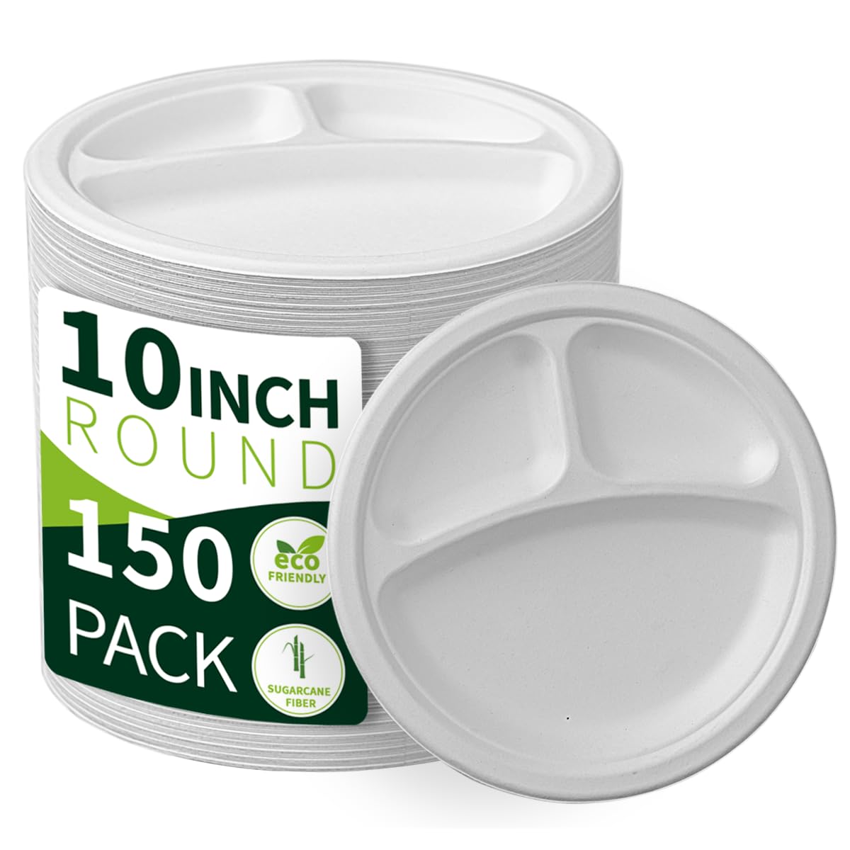 Lxins ECO 10 Inch 3 Compartment Paper Plates ?White 150 Pack?, Compostable Divided Plates, 100% Sugarcane Bagasse, Heavy Duty Disposable Plates