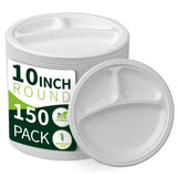 Lxins ECO 10 Inch 3 Compartment Paper Plates ?White 150 Pack?, Compostable Divided Plates, 100% Sugarcane Bagasse, Heavy Duty Disposable Plates