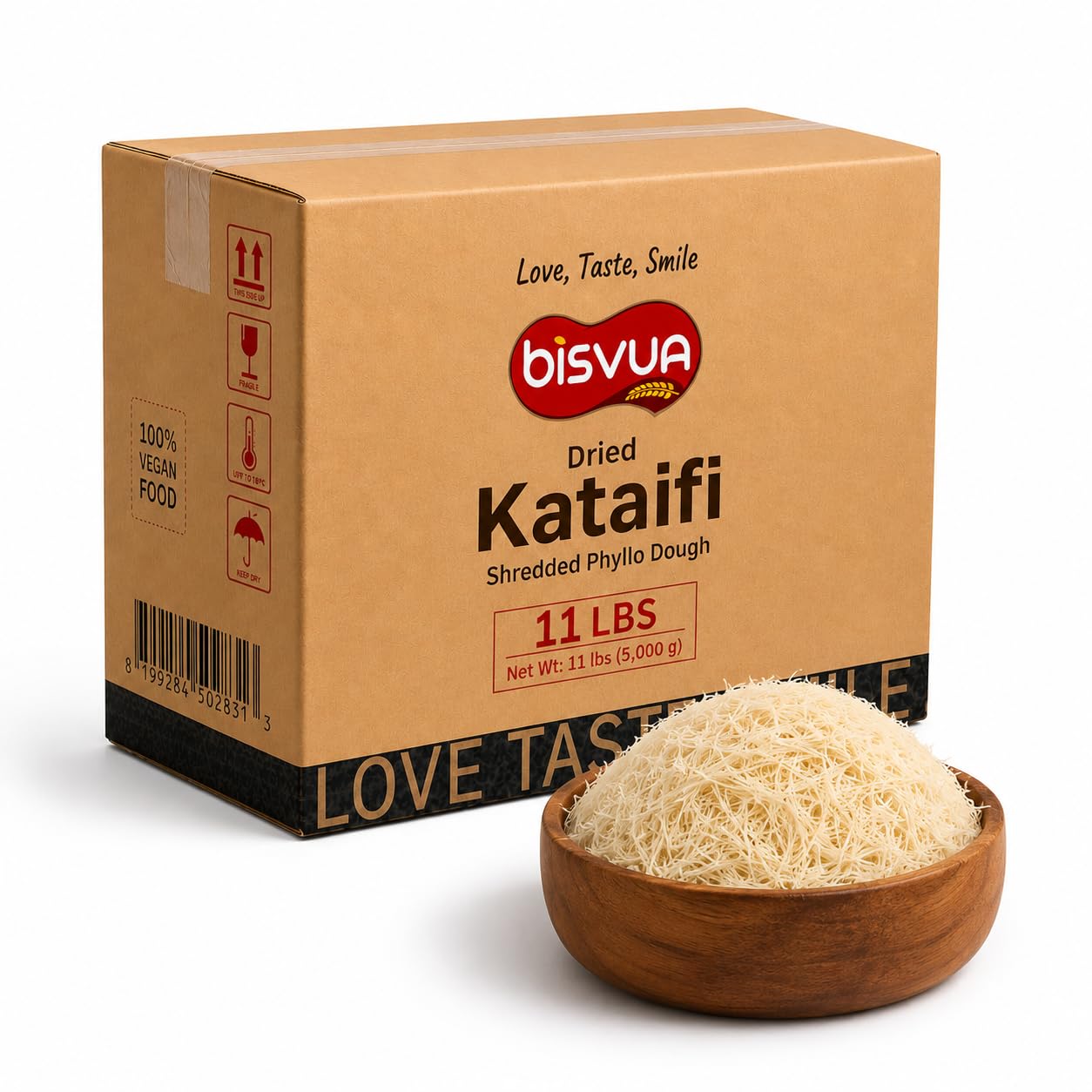 BISVUA Premium Bulk Dried Kataifi (11 lbs) - Golden Dried Shredded Fillo Dough for Commercial Kitchen Dubai Chocolate Bars, Kunafa, Knafeh & Crunchy Dessert Creations Bakery Supply (5 kg Dried Foodservice Kataifi)