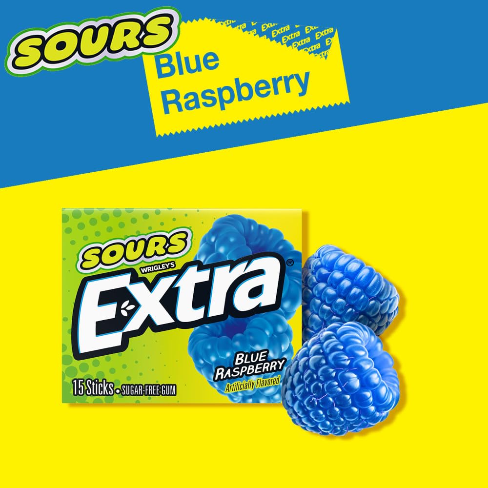 EXTRA SOURS Blue Raspberry Sugar Free Chewing Gum, Sour Candy Bulk Gum Packs, 15 Stick Pack, 10 Count
