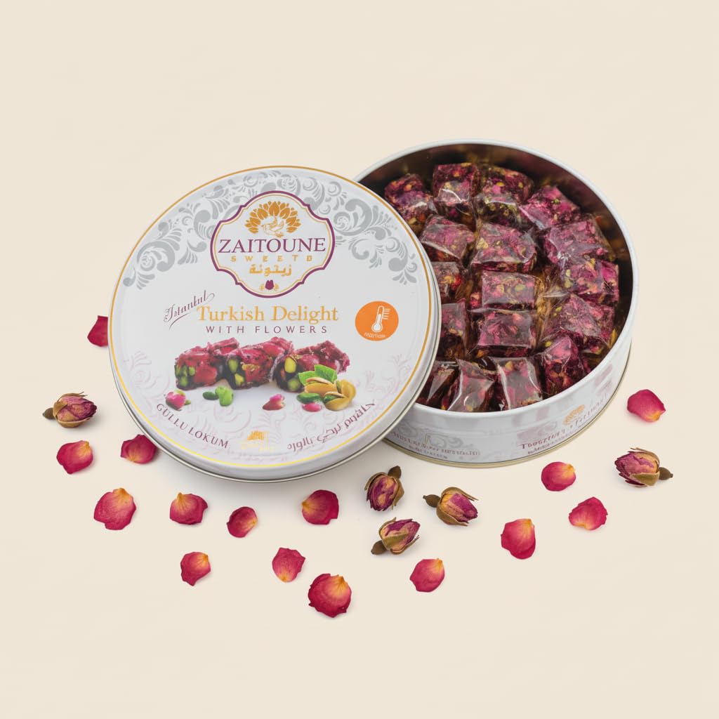 Zaitoune Rose Covered Turkish Delight - 9 oz | Stuffed with Pistachios & Cashews | Coated with Dried Rose Petals | Authentic Luxury Lokum Sweets in