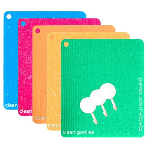 Clean Gorillas Swedish Dishcloths for Kitchen, Reusable Paper Towels, Ultra Absorbent, Eco-Friendly and Machine Washable, 5 Sheets and 3 Adhesive
