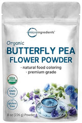 Micro Ingredients Organic Butterfly Pea Flower Powder, 8 oz | Herbal Tea Powder for Hot or Iced Drinks | Natural Blue & Purple Color | Rich in