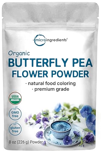 Micro Ingredients Organic Butterfly Pea Flower Powder, 8 oz | Herbal Tea Powder for Hot or Iced Drinks | Natural Blue & Purple Color | Rich in