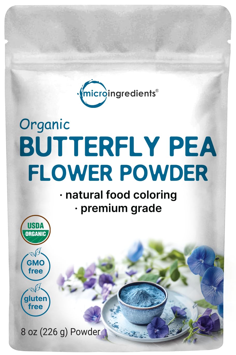 Micro Ingredients Organic Butterfly Pea Flower Powder, 8 oz | Herbal Tea Powder for Hot or Iced Drinks | Natural Blue & Purple Color | Rich in