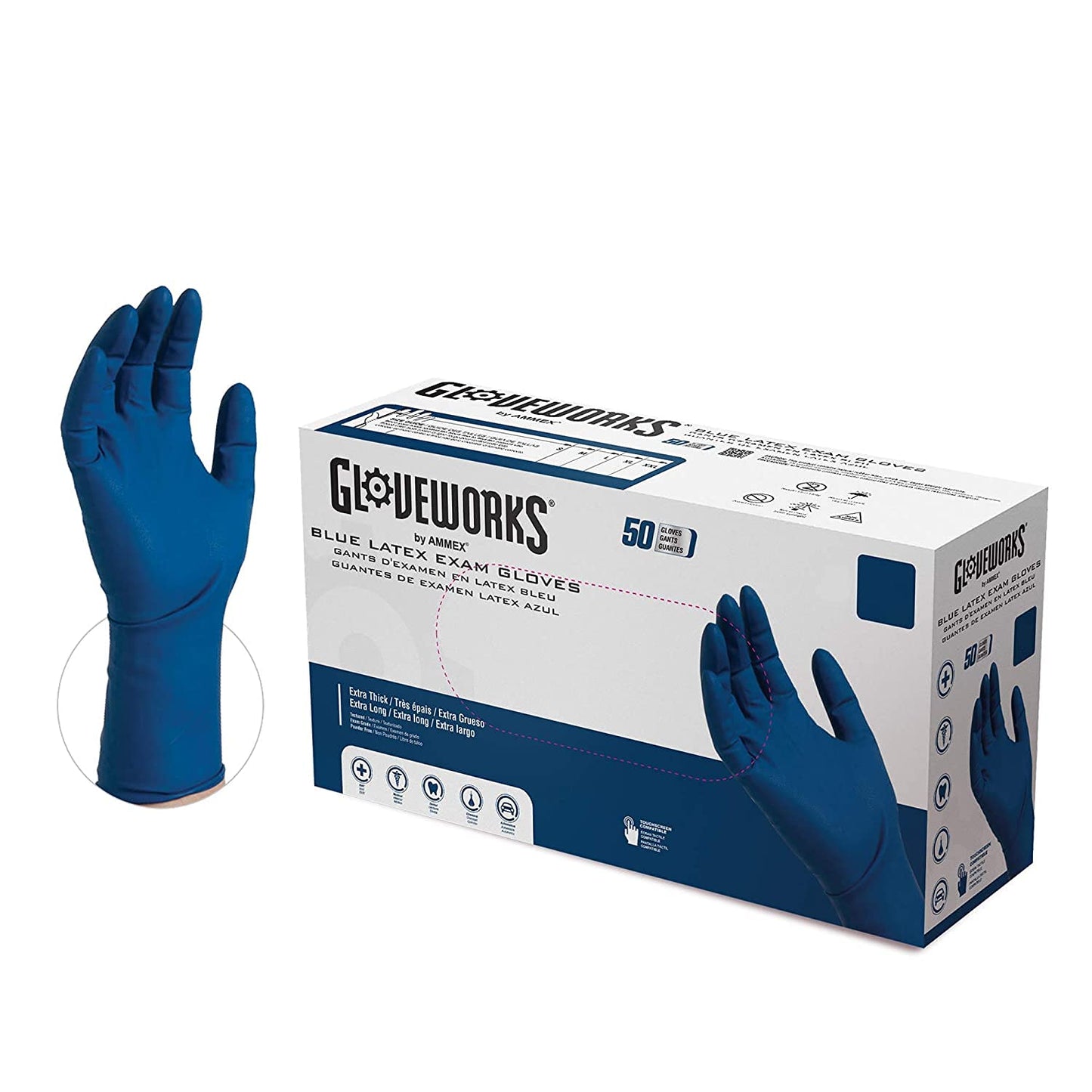 AMMEX GLOVEPLUS HD Medical Blue Latex Gloves, Box of 50, 13 mil, Size XLarge, Powder Free, Textured, Disposable, Non-Sterile, GPLHD88100-BX, Extra