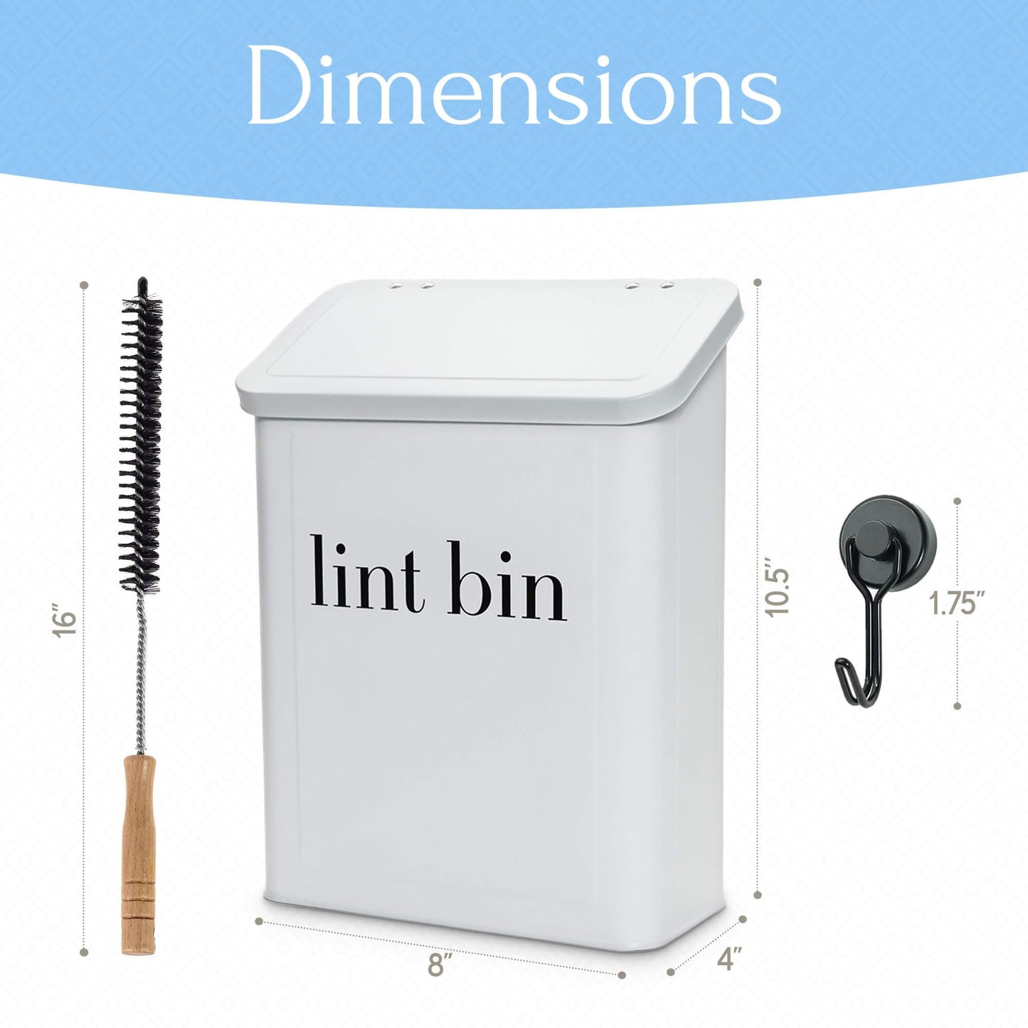 The Moda Collection Magnetic Laundry Lint Bin for Dryer | Wall-Mounted Small Trash Can for Laundry Room | Includes Magnetic Hook & Lint Brush |