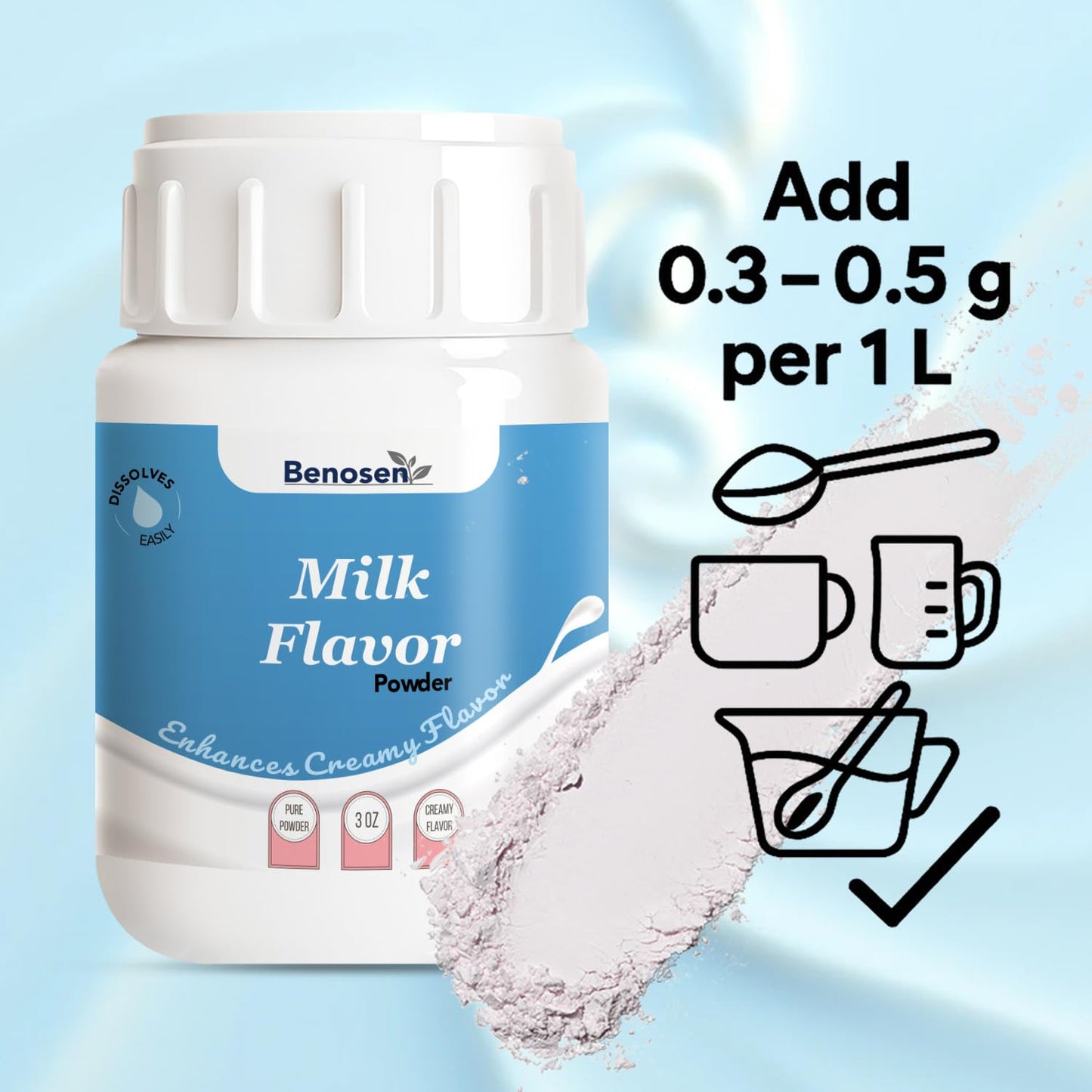 Benosen Milk Flavor Powder, Vegan Non-Dairy Dairy-Like Flavoring for Baking Coffee Milk Tea & Desserts, Food-Grade, Allergen-Free, Long Shelf Life, 3