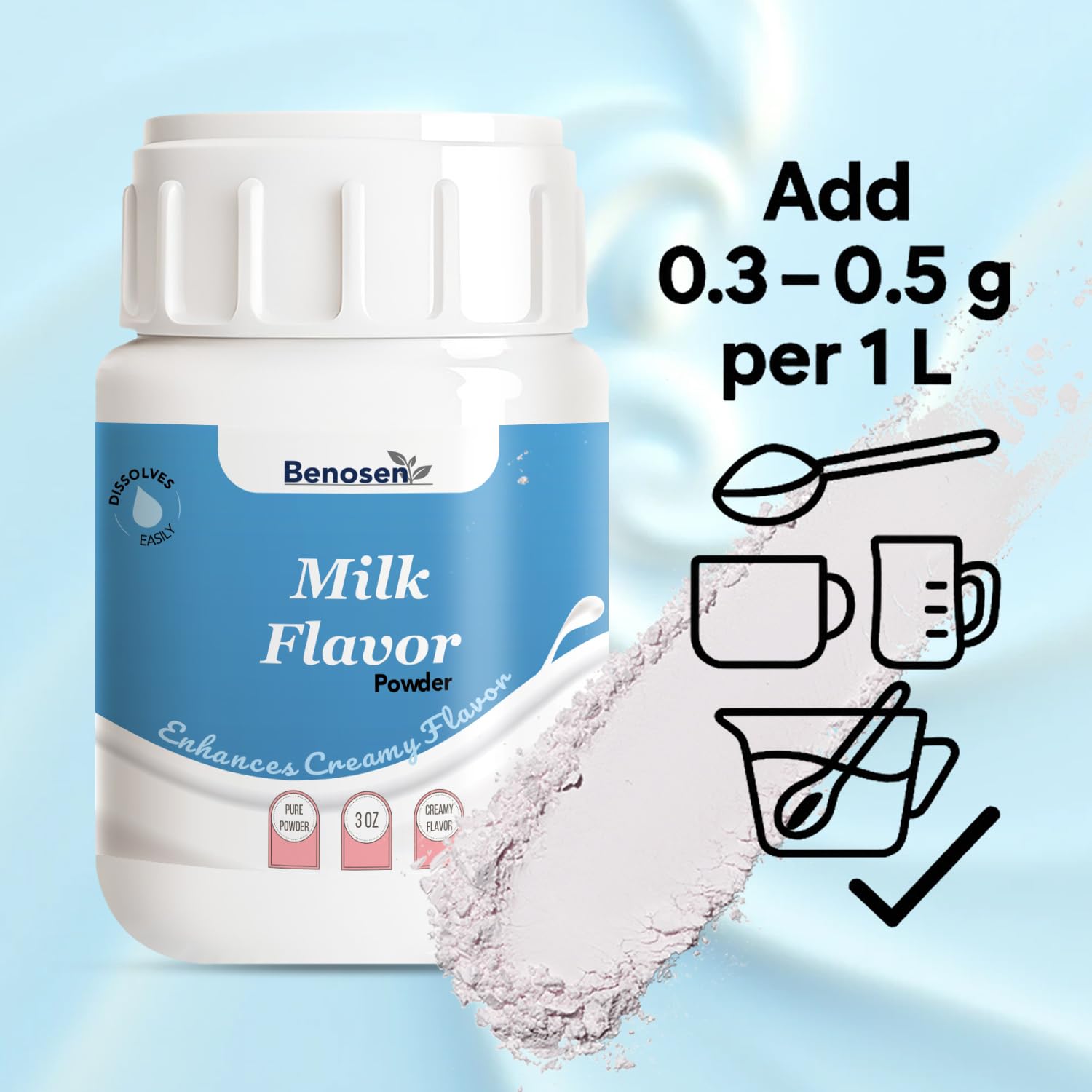 Benosen Milk Flavor Powder, Vegan Non-Dairy Dairy-Like Flavoring for Baking Coffee Milk Tea & Desserts, Food-Grade, Allergen-Free, Long Shelf Life, 3