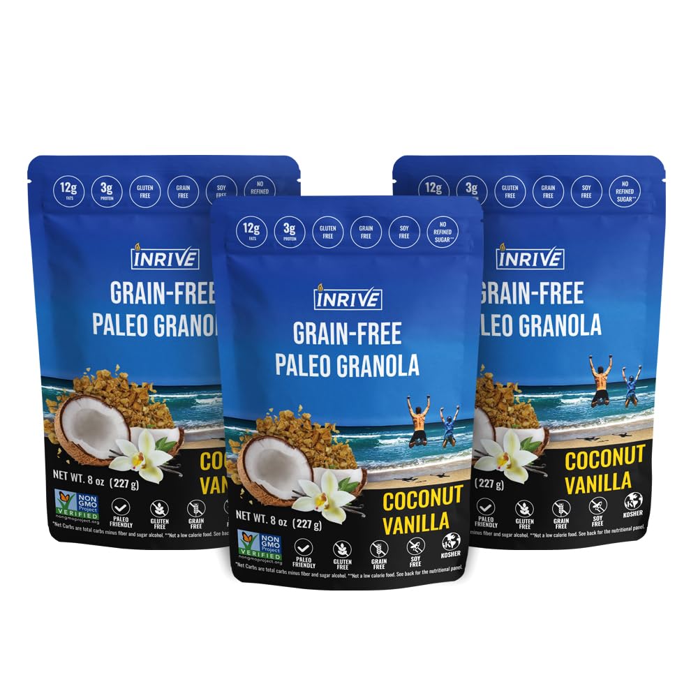 Inrive Paleo Grain Free, Gluten Free Granola (Coconut Vanilla), Non GMO, No Refined Sugar, Soy-Free, Kosher, 3 Pack, 8oz