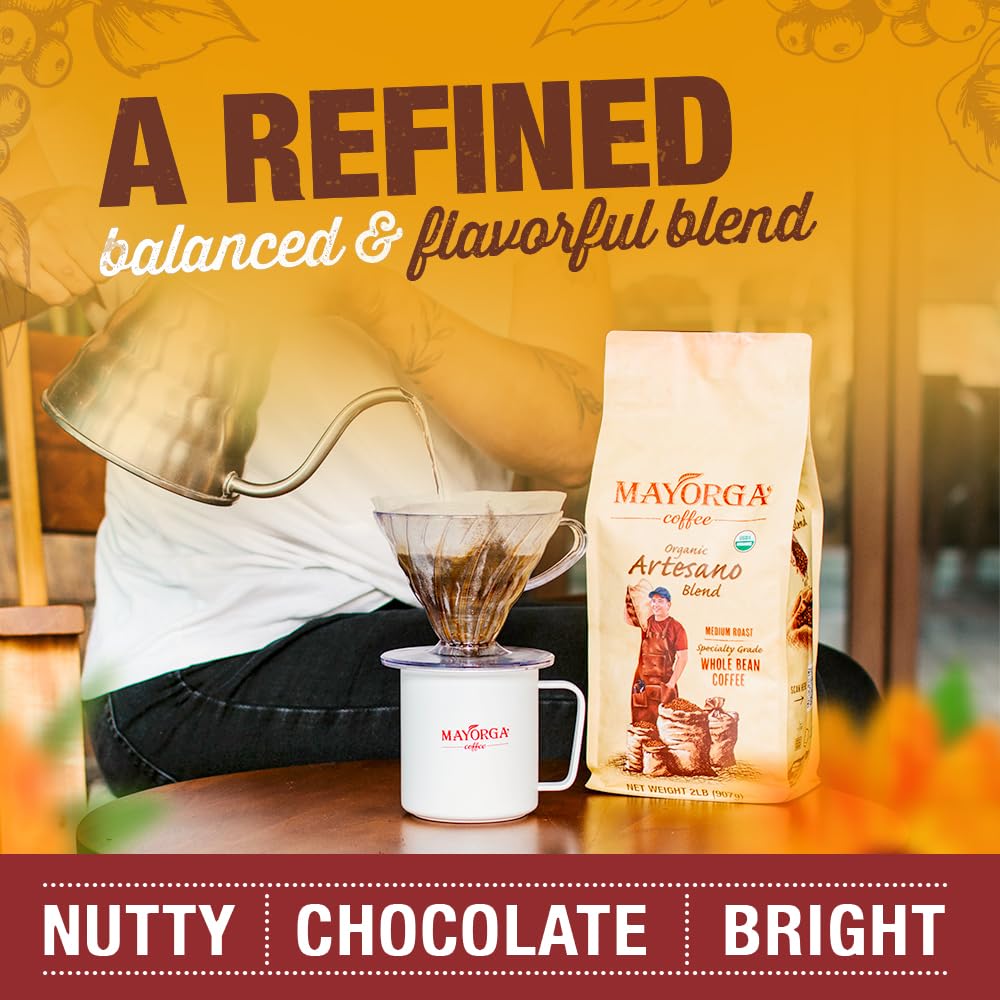 Mayorga Organic Coffee 2lb Artesano Blend - Medium Roast Whole Bean Coffee Speciality Grade, 100% Arabica, Slow Roasted, Chocolate and Nutty Flavor