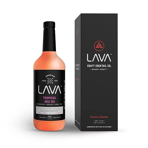 LAVA Premium Tropical Mai Tai Mix made with real passion fruit, pineapple, lemon and lime, no artificial sweeteners, 1-Liter (33.8oz) Glass Bottle