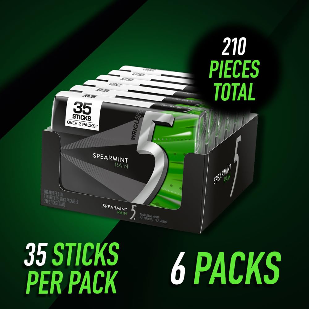 5 GUM Spearmint Rain Sugar Free Chewing Gum Refreshing Invigorating Minty Flavor Five Gum, 35 Stick Pack (6 Packs)
