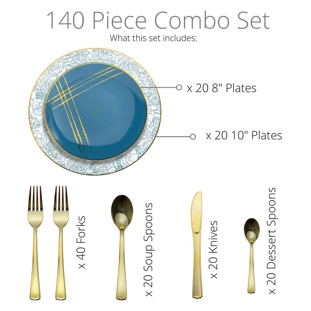 Trendables 120 Pack Disposable Dinnerware & Cutlery Combo Floral Brush Design Plates Includes: 20 10.25 in. Large Dinner Plates + 20 8" Dessert Plates