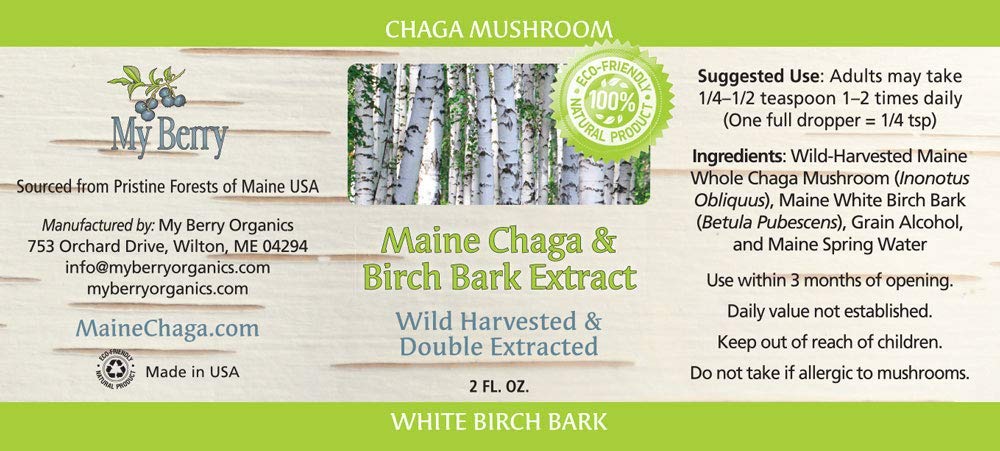 My Berry Maine Chaga Mushroom & Birch Bark Extract Liquid | 2oz | Wild Harvested & Double Extracted | USA & Canadian Grown Chaga