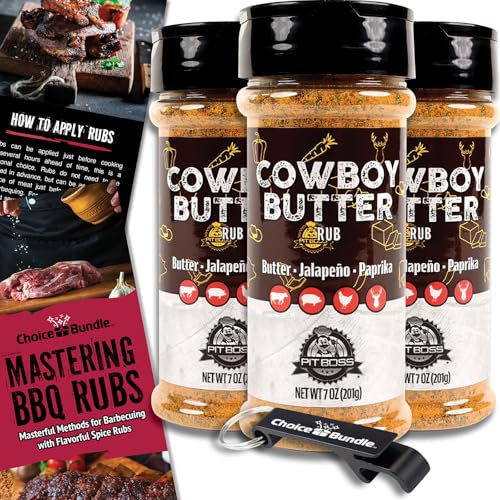 Pit Boss Cowboy Butter Premium Barbecue Mixed Seasoning Spice & Rub 3 pk Choice Bundle (21 oz) + Guide & Keychain Bottle Opener (5 Items)!
