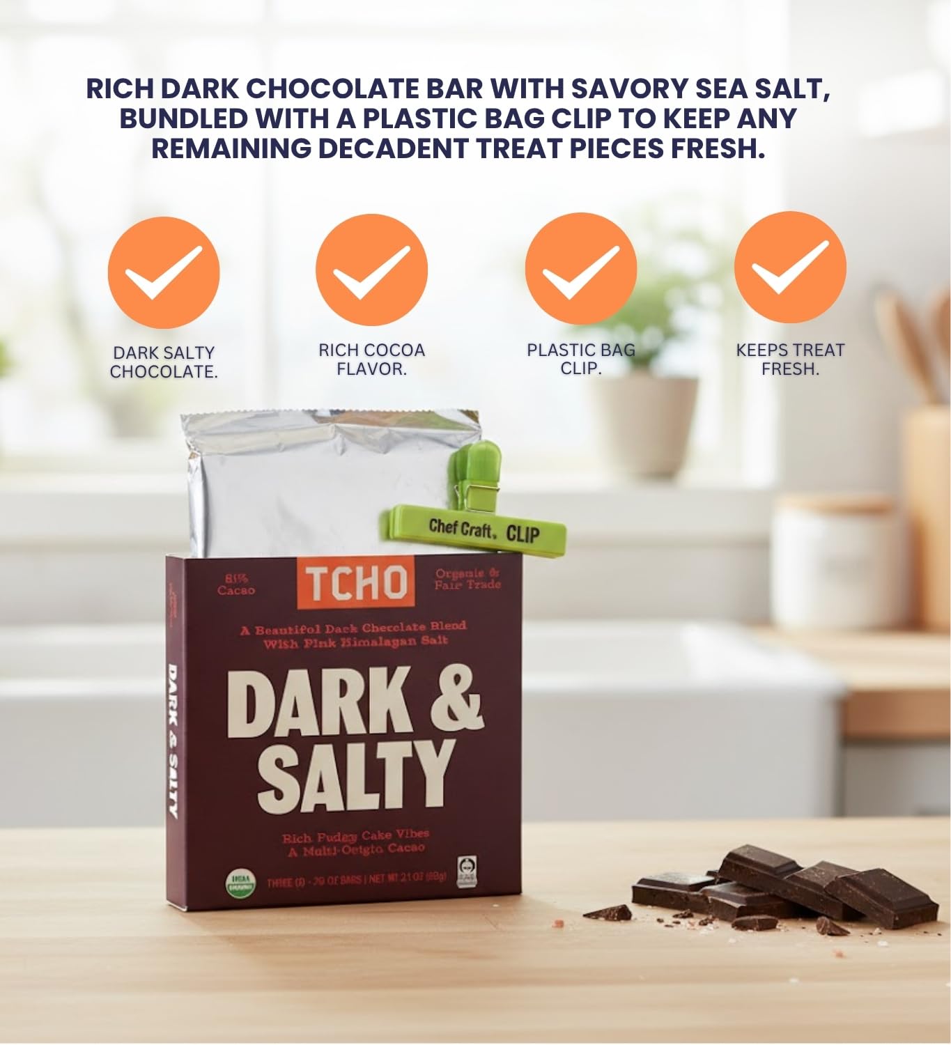 Bar Choc Dark And Salty, 2.5 OZ Bundle with Plastic Bag Clip - Rich Chocolate with Salty Crunch for Snacking and Resealable Bag Clip for Freshness
