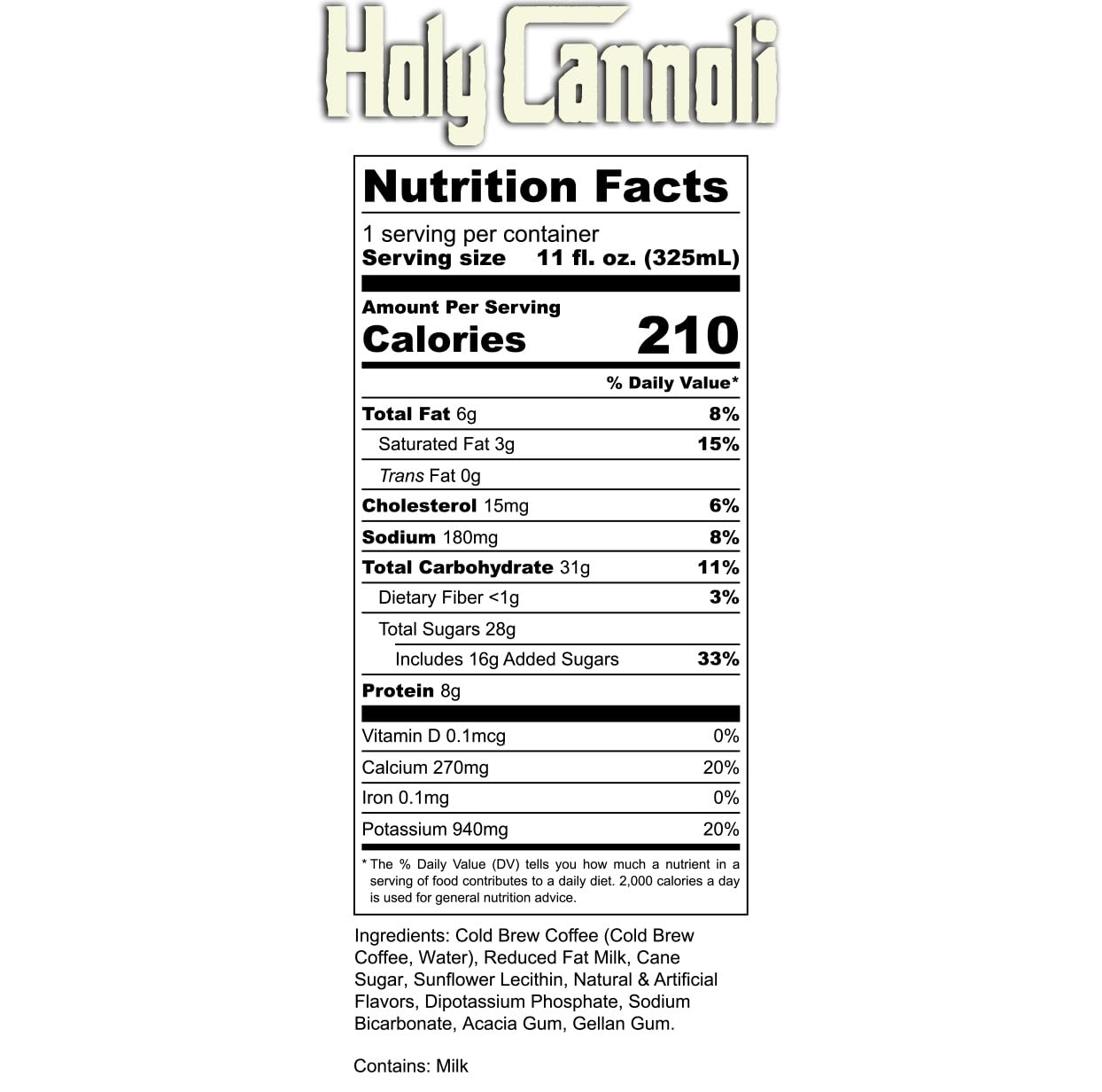 Bones Coffee Company Holy Cannoli Latte Baked Cannoli Flavored Coffee, Medium Roast Ready To Drink Iced Coffee in Can, 11 Fl Oz Can (12 Pack)