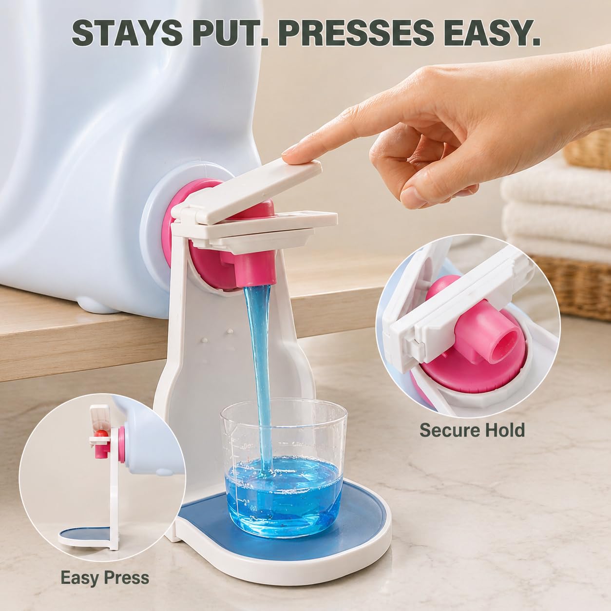 Laundry Detergent Cup Holder & Fabric Softener Drip Catcher, Easy-Press Lever with Secure Spout Clamp, Removable Drip Tray & Non-Slip Pad, Helps
