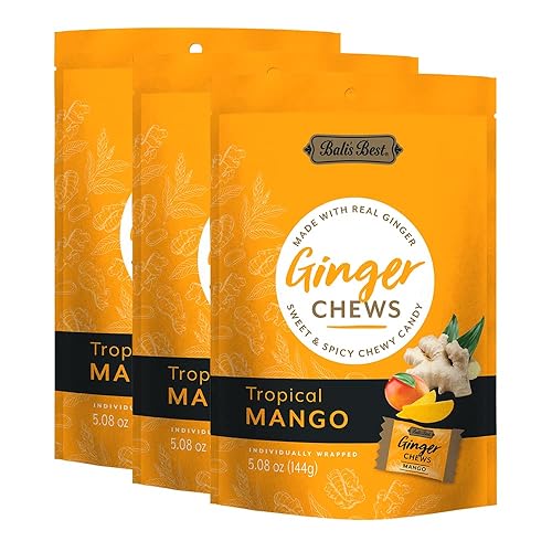 Bali's Best Ginger Chews, Tropical Mango Flavor, 5.08 Oz (Pack of 3), Individually Wrapped Soft Candy, Made with 100% Real Ginger, Digestive Health