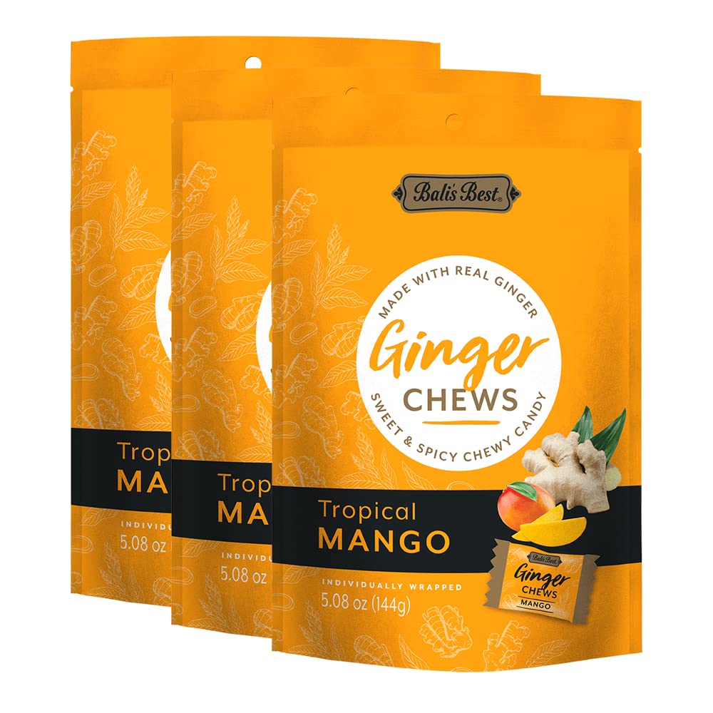 Bali's Best Ginger Chews, Tropical Mango Flavor, 5.08 Oz (Pack of 3), Individually Wrapped Soft Candy, Made with 100% Real Ginger, Digestive Health