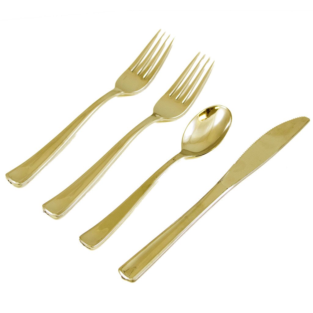 JAM Paper Premium Cutlery - Assorted Utensils Set - Metallic Gold - 32 Disposable Utensils/Box