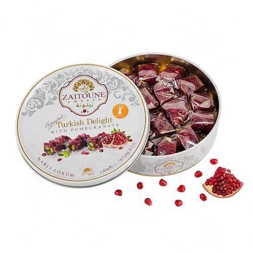 Zaitoune Pomegranate Covered Turkish Delight - 9 oz | Stuffed with Pistachios & Cashews | Coated with Dried Pomegranate Seeds | Authentic Lokum Sweets