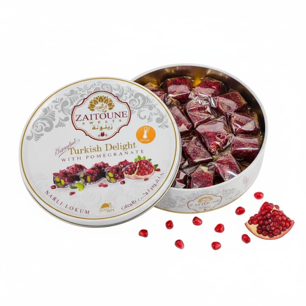 Zaitoune Pomegranate Covered Turkish Delight - 9 oz | Stuffed with Pistachios & Cashews | Coated with Dried Pomegranate Seeds | Authentic Lokum Sweets