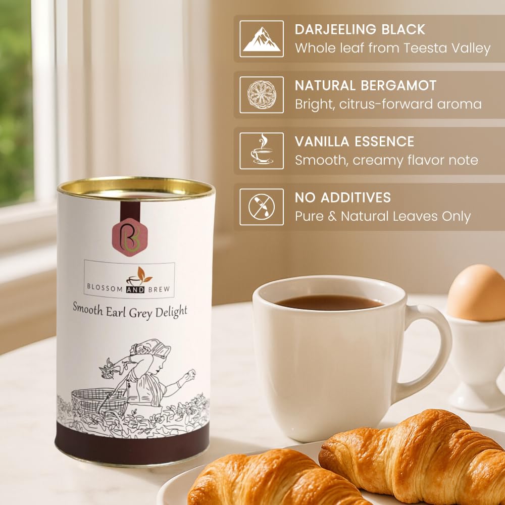 Blossom & Brew Smooth Earl Grey Delight (1.76oz) - Earl Grey De La Creme Tea - Darjeeling Black Tea with Natural Citrus - Bergamot & Vanilla - Whole