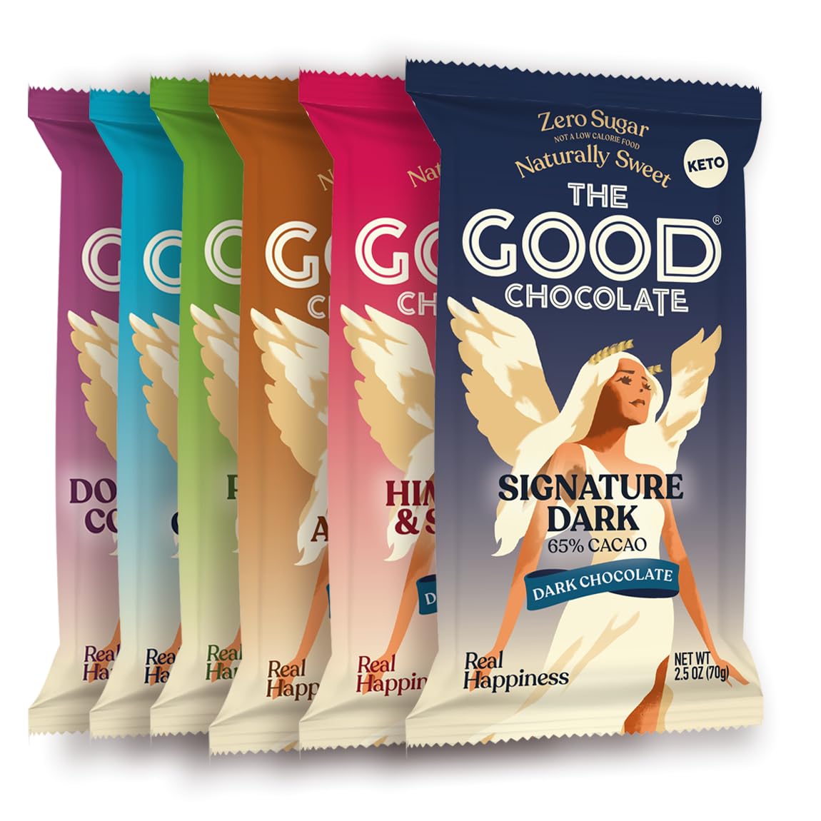The Good Chocolate - Keto Chocolate Variety Pack, Zero Sugar, Lower Net Carb Snack, Lower Calorie Chocolate Candy Variety Pack, 6 Flavors, 6 Bar Value