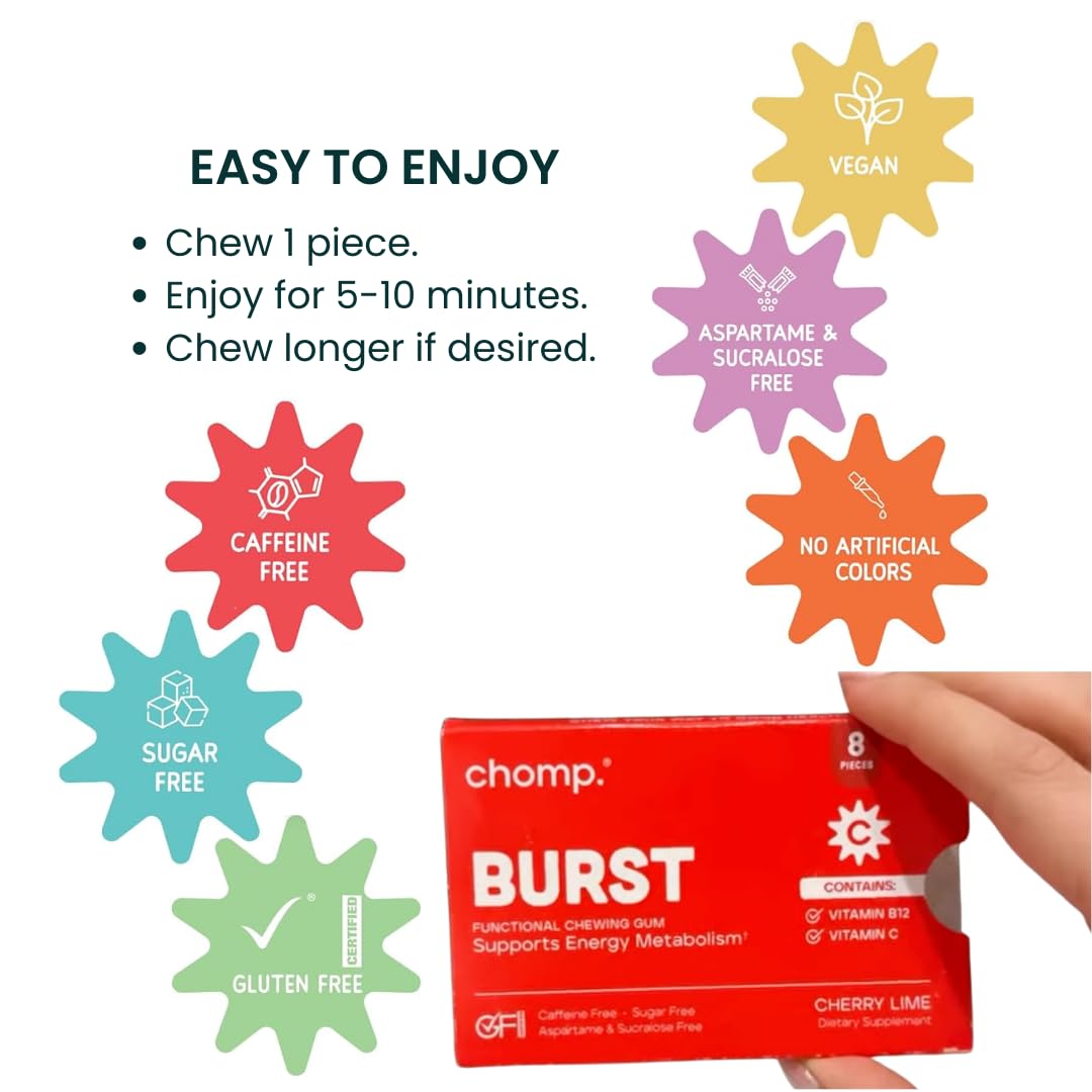 Chomp Gums BURST Chewing Gum, Sugar-Free with Vitamin B12 & C, Caffeine Free, Gluten-Free, Aspartame & Sucralose Free, Cherry Lime Flavor (1 Pack)