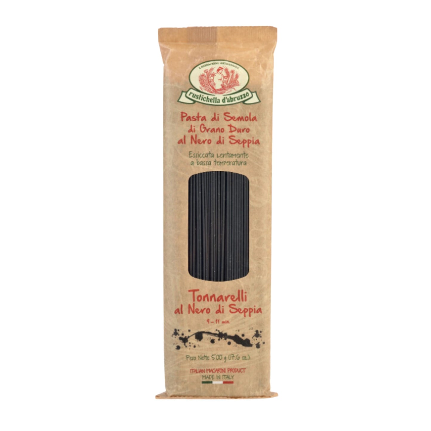 Rustichella d'Abruzzo Tonnarelli with Squid Ink, Long Italian Pasta with Cuttlefish, Ideal for Shellfish, Spicy Fish Sauce & Olive Oil Dishes