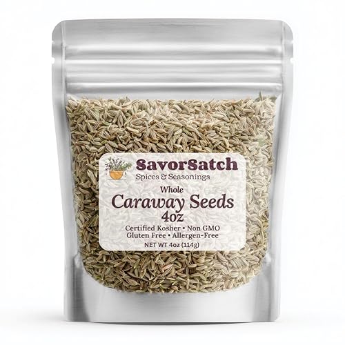 SavorSatch Whole Caraway Seeds - 4 oz Stand-Up Resealable Pouch | Aromatic Whole Caraway Seed Spice | Certified Kosher, Non-GMO | Fresh Flavor