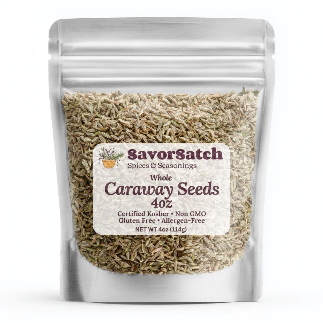 SavorSatch Whole Caraway Seeds - 4 oz Stand-Up Resealable Pouch | Aromatic Whole Caraway Seed Spice | Certified Kosher, Non-GMO | Fresh Flavor