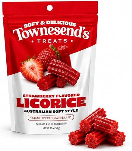 Townesend's Treats Strawberry Licorice Candy (1 pack) - Soft & Chewy Australian Licorice Twists - Gourmet Strawberry Licorice - 12 Ounce Bag - Red
