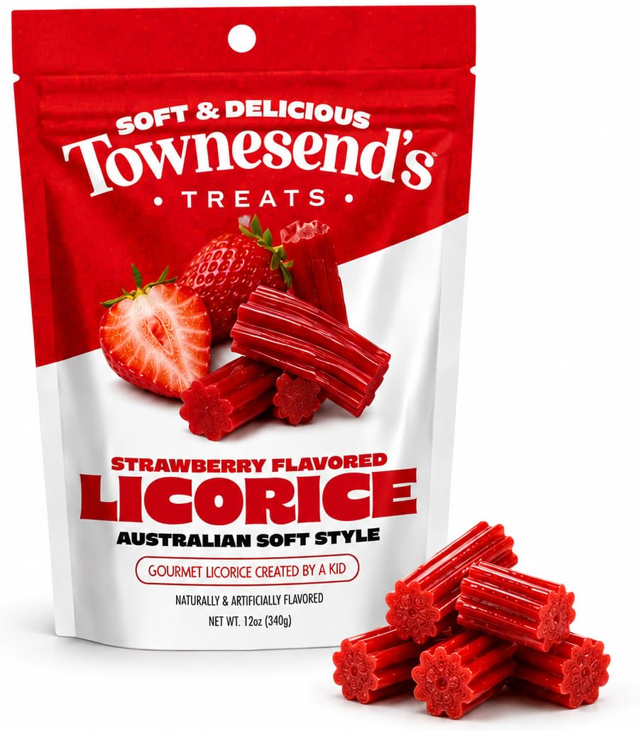 Townesend's Treats Strawberry Licorice Candy (1 pack) - Soft & Chewy Australian Licorice Twists - Gourmet Strawberry Licorice - 12 Ounce Bag - Red