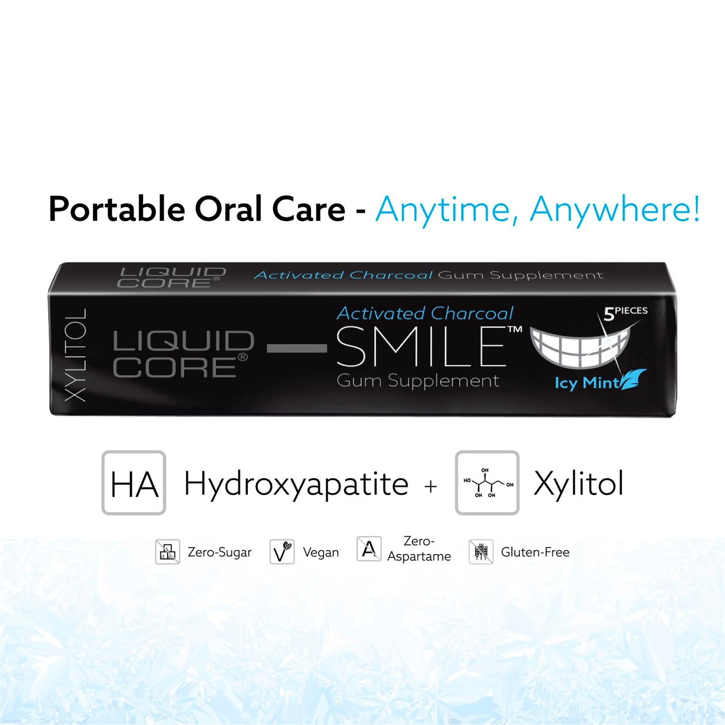 Liquid Core Smile Activated Charcoal Gum with MCT Oil, Hydroxyapatite, and Xylitol - Teeth Cleaning Gum, Icy Mint Sugar-Free (5 Pack)