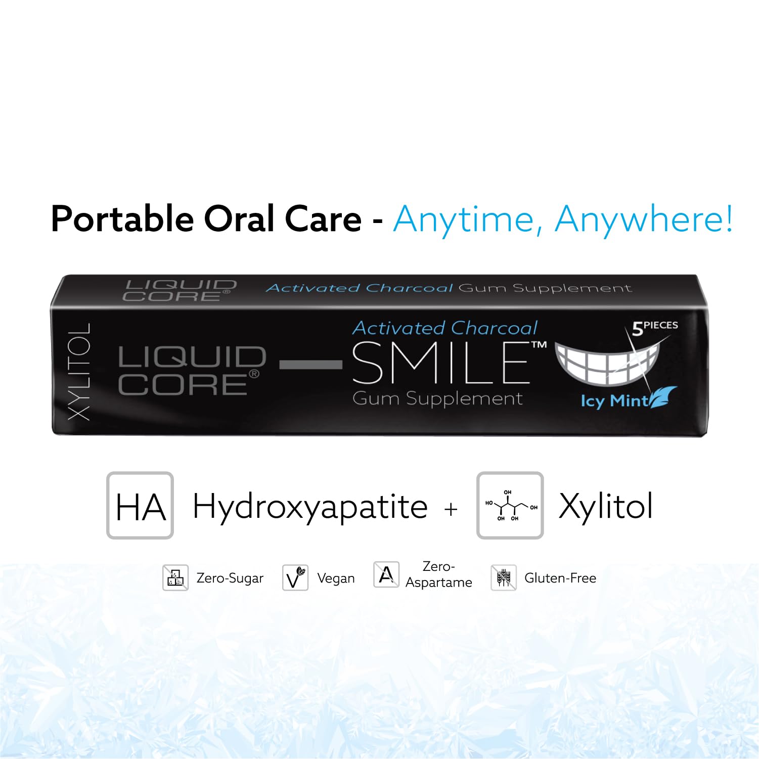 Liquid Core Smile Activated Charcoal Gum with MCT Oil, Hydroxyapatite, and Xylitol - Teeth Cleaning Gum, Icy Mint Sugar-Free (5 Pack)