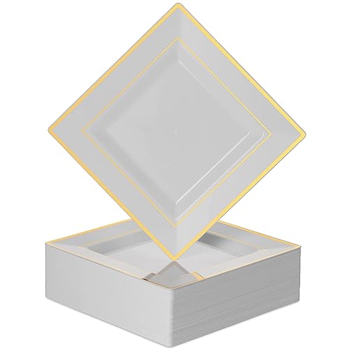 BloominGoods Plastic Disposable Square Dessert Plates | 50-Pack 6.5 inches White with Gold Rim Square Plates | Ideal for Weddings, Parties, Catering |