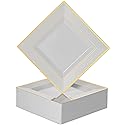 BloominGoods Plastic Disposable Square Dessert Plates | 50-Pack 6.5 inches White with Gold Rim Square Plates | Ideal for Weddings, Parties, Catering |