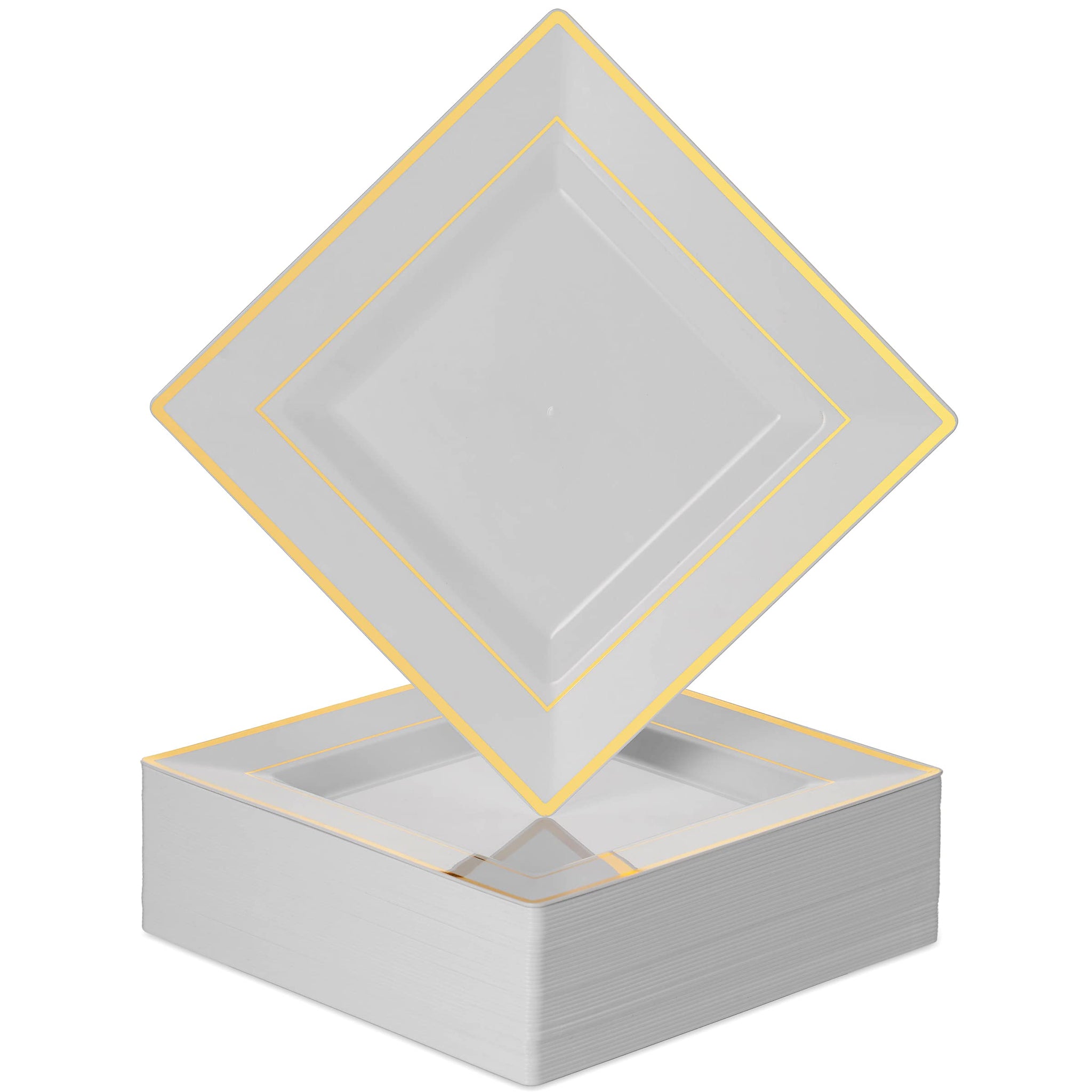 BloominGoods Plastic Disposable Square Dessert Plates | 50-Pack 6.5 inches White with Gold Rim Square Plates | Ideal for Weddings, Parties, Catering |