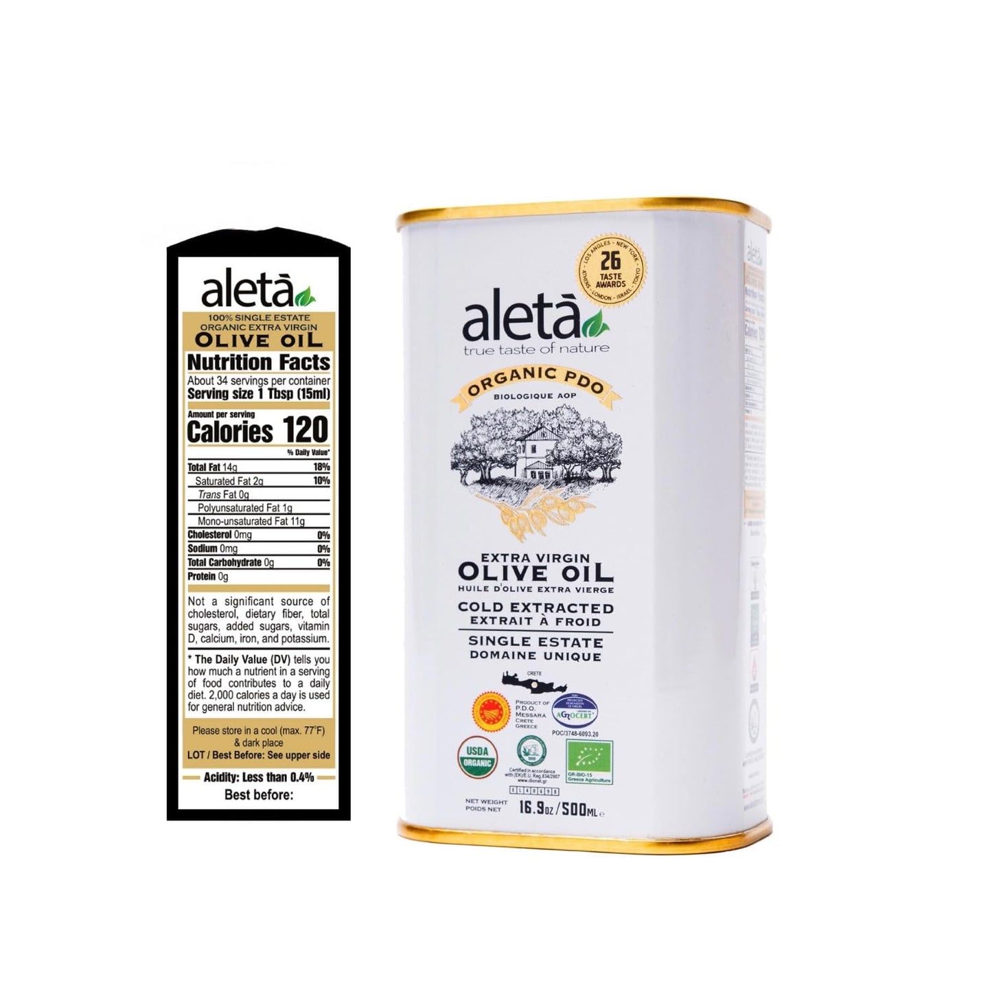 Aleta Farms Olive Oil Extra Virgin, USDA Organic, Single Estate PDO Polyphenol Rich Olive Oil, Cold Pressed, Global Gold Awards, EVOO, Kosher. 16.9 Fl