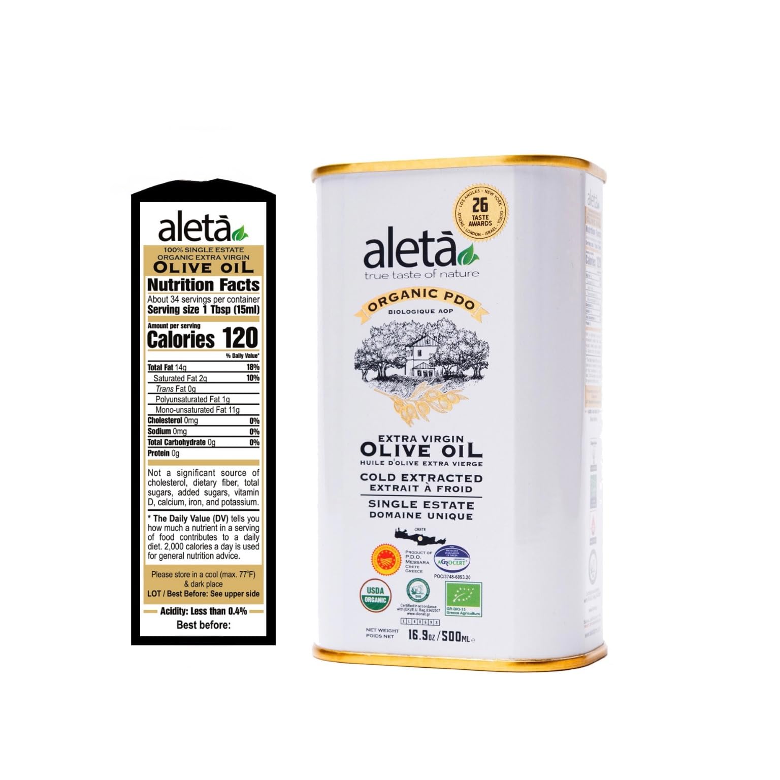 Aleta Farms Organic Olive Oil Extra Virgin, High Phenols, Single Estate PDO, Cold Press, Global Gold Awards, EVOO, Kosher. 16.9 Fl Oz (Pack of 2)