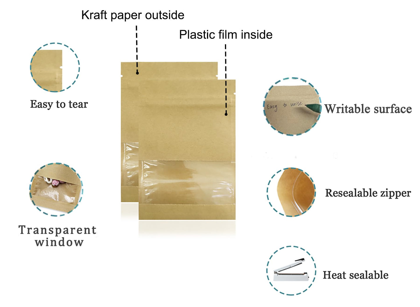 PABCK 500 Pack 2.7x3.5inch (Inner Size 2.36x2.36 inch) Clear WindowBrown Kraft Paper for Zip Seed Packets Lock Food Storage Bags Zipper Lock Seeds