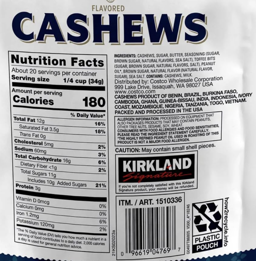 Kirkland Butter Toffee Flavored Cashews, 24 Oz. Item 1510336 Bundle with MORALZA Silicone Collapsible Cup 200ml - 2 Items